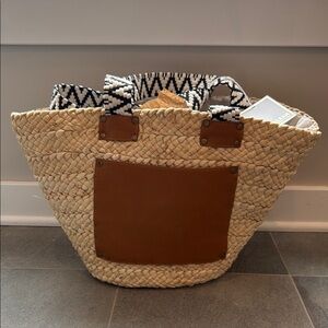 Woven Straw Tote with Brown Leather Pocket